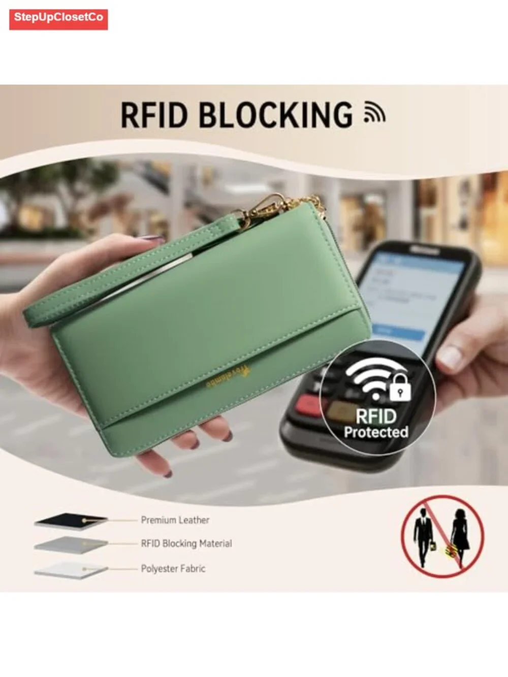 Large Capacity RFID Wristlet Wallet Clutch Purse with Wrist Strap